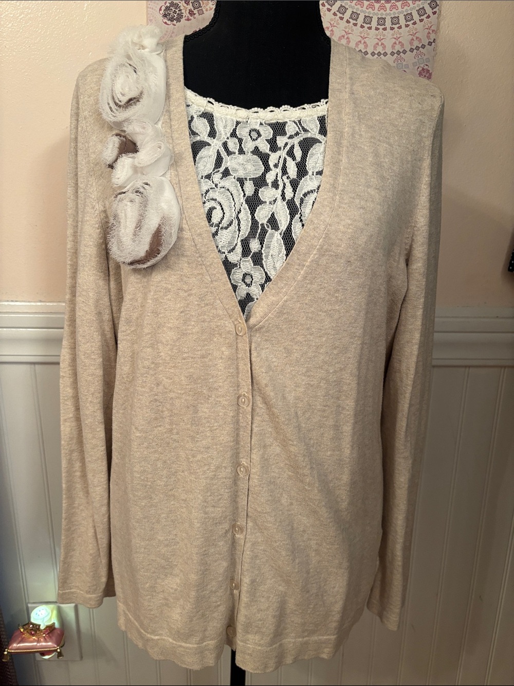 Daisy Fuentes Beige V-Neck Button Cardigan with Floral Applique